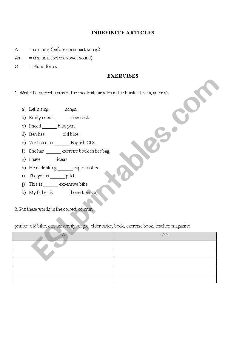 Indefinite Article worksheet