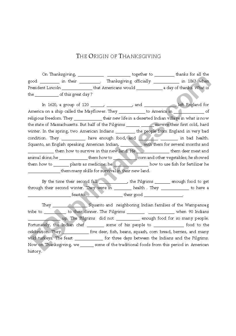 The Origin of Thanksgiving worksheet