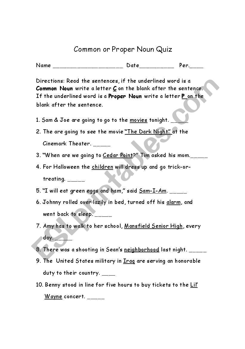 Common & Proper Nouns Test worksheet