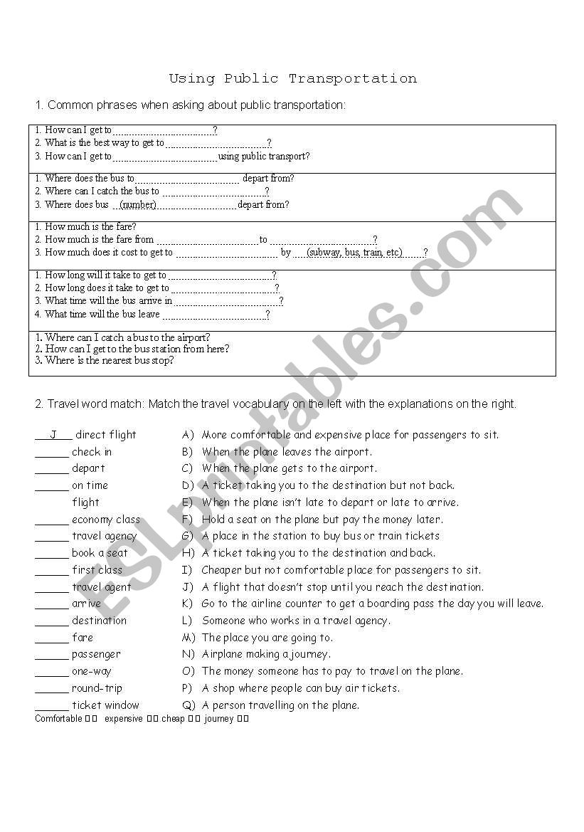 Using Public Transportation worksheet