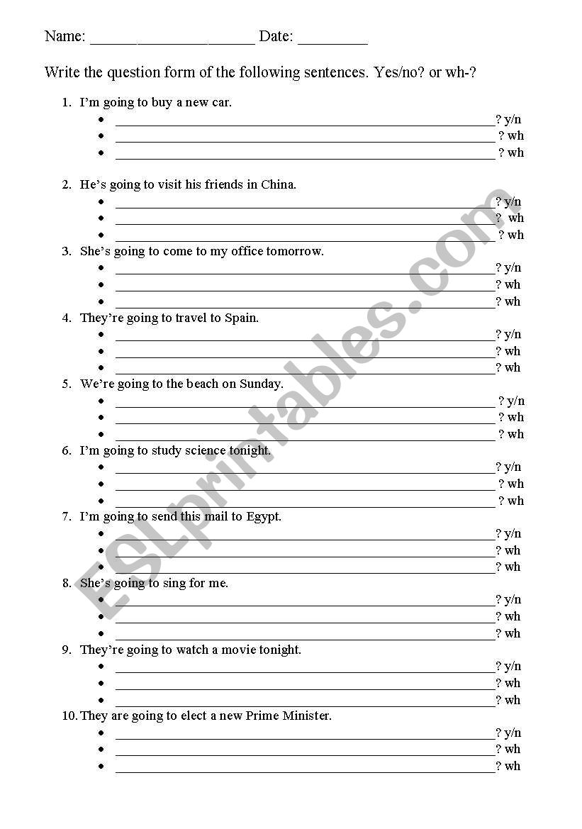 going to (future) Yes or no and Wh questions