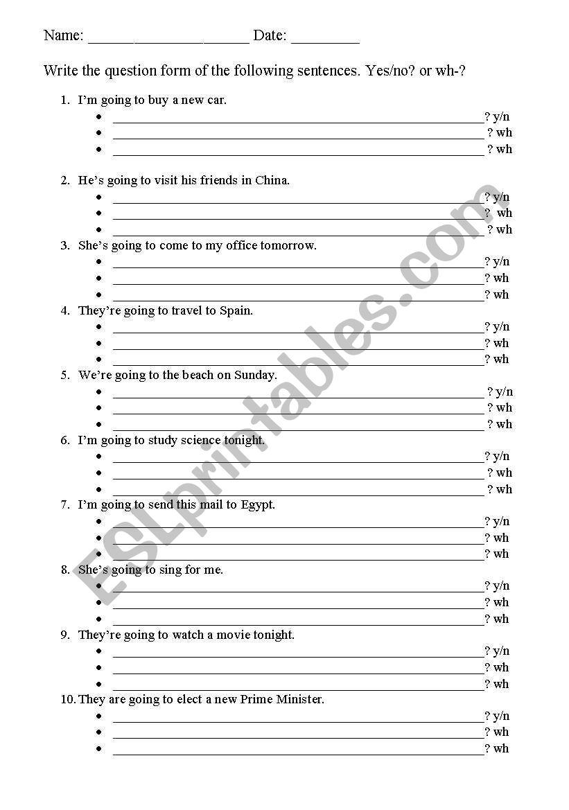 going to (future) Yes or no and Wh questions