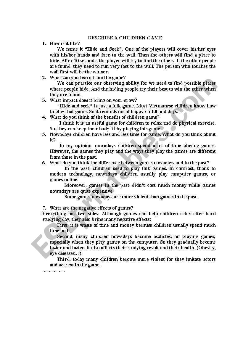  a discription of game worksheet