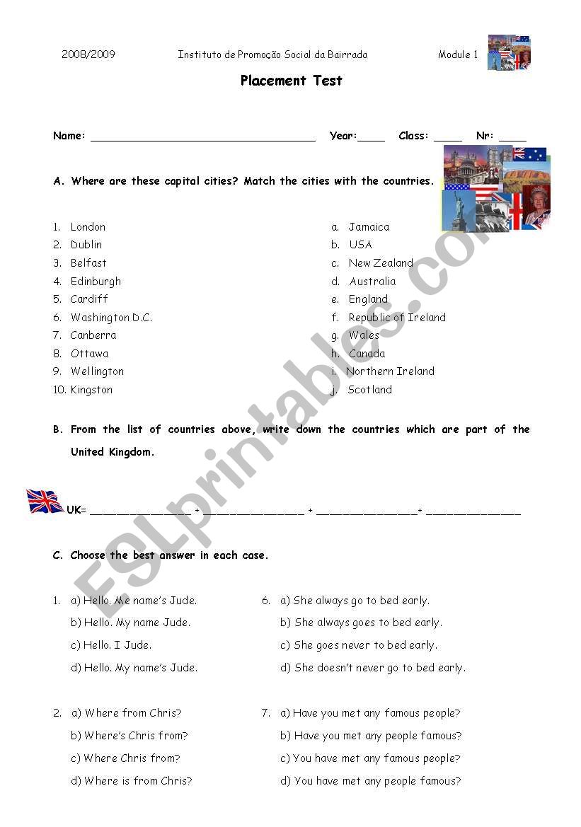 placement test worksheet