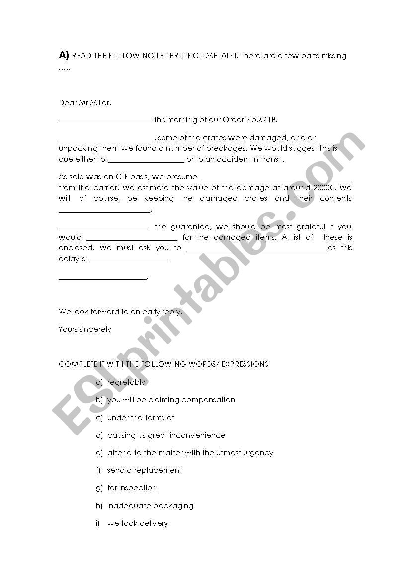 Letter of complaint worksheet