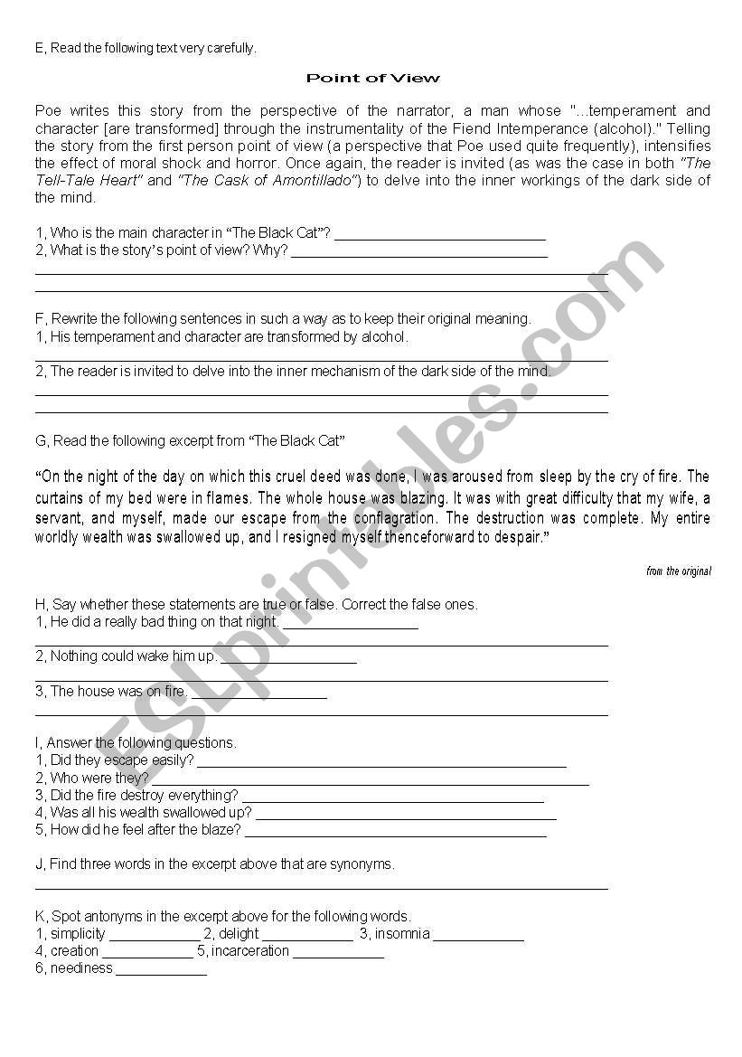 Poes The Black Cat, part 2 worksheet