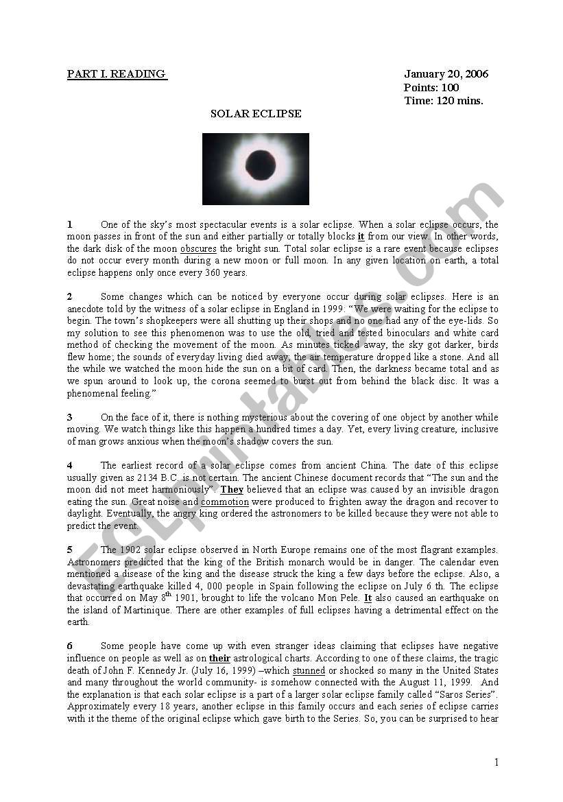 Reading about solar eclipse worksheet