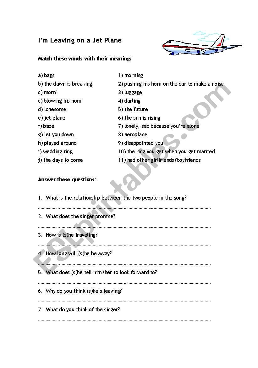 Leaving on a jet plane worksheet