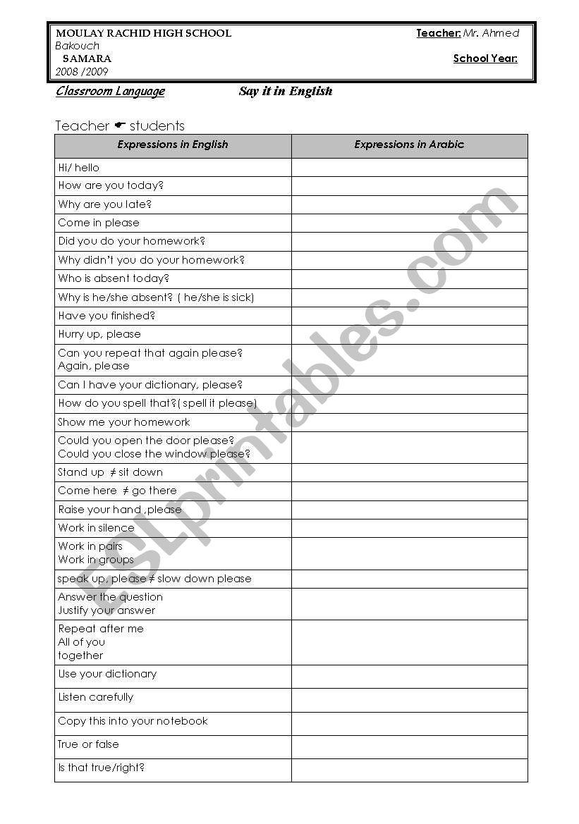 Classroom Language worksheet