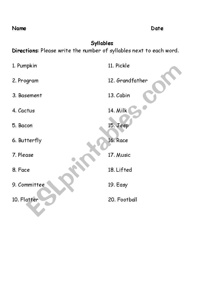 Syllables worksheet