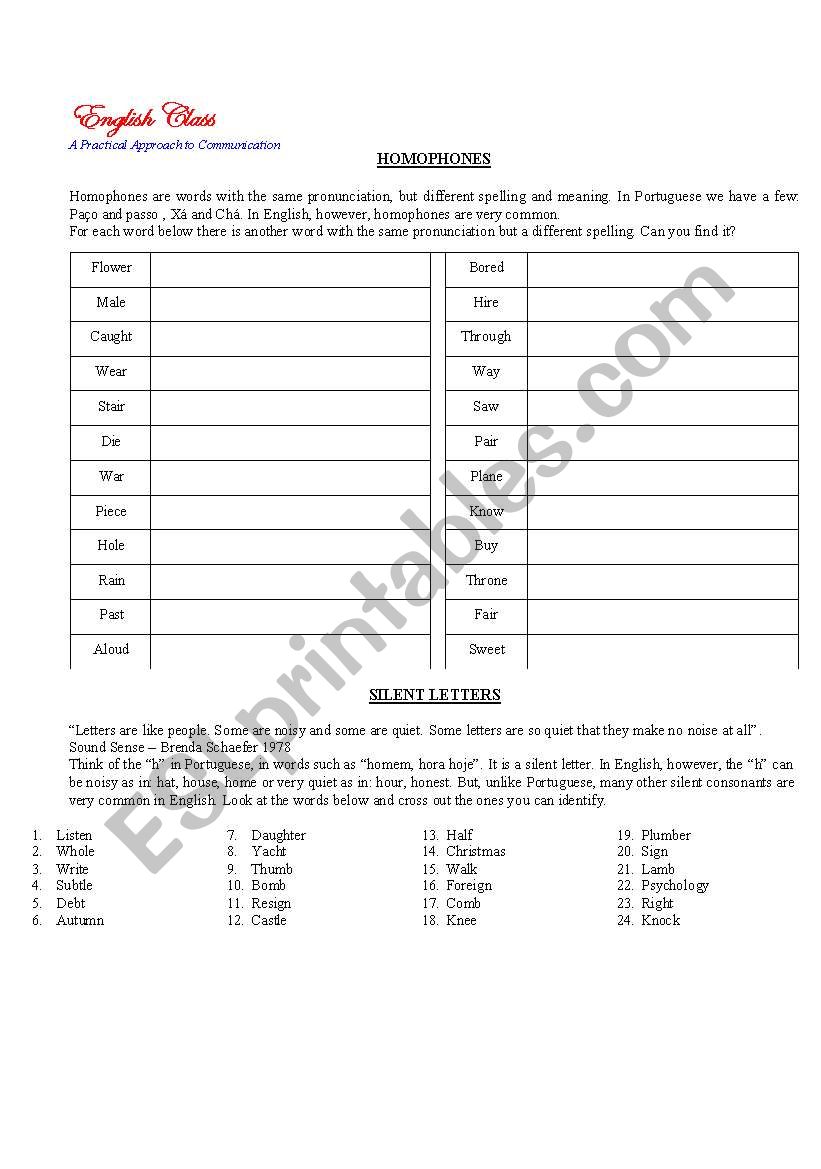 Homophones and silent letters worksheet