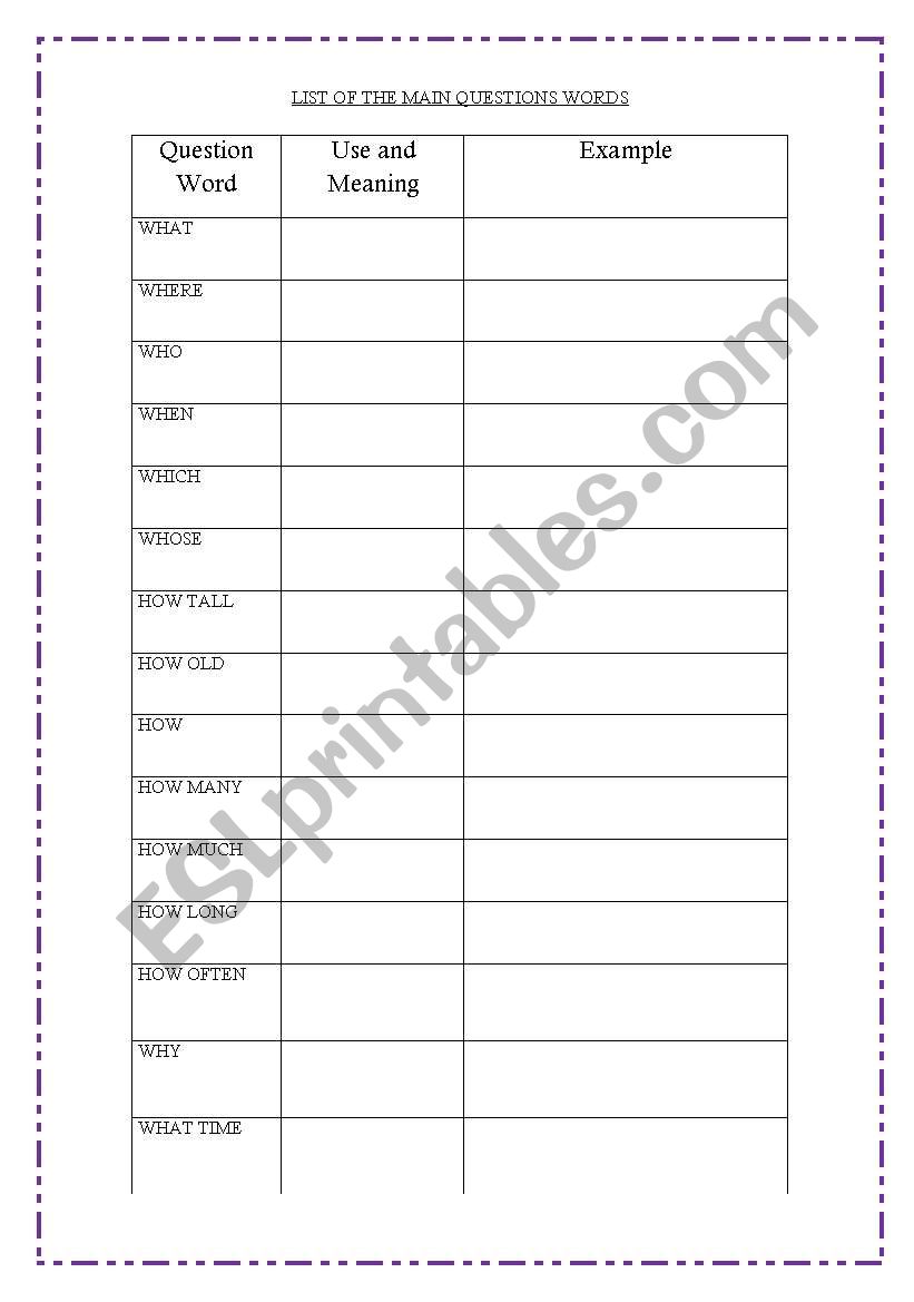 list of main question words worksheet