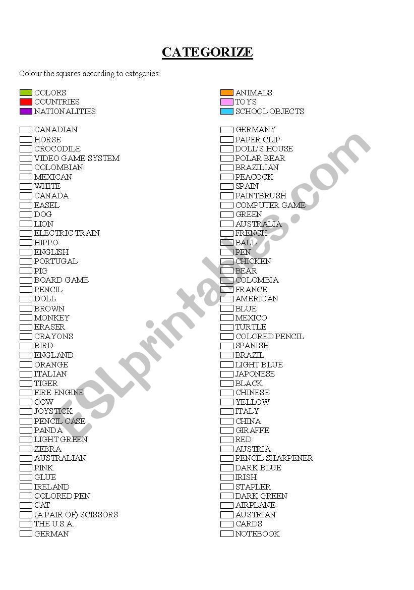 CATEGORIZE worksheet