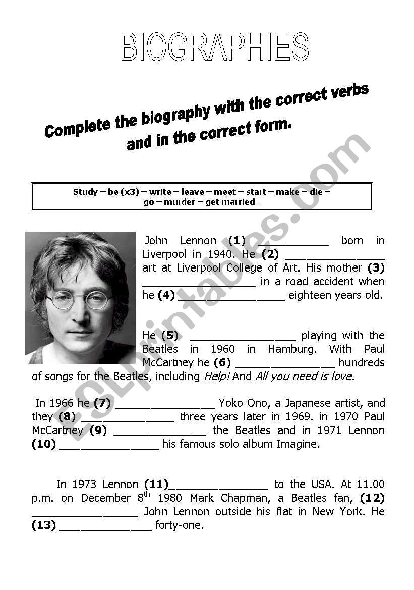 Biographies worksheet