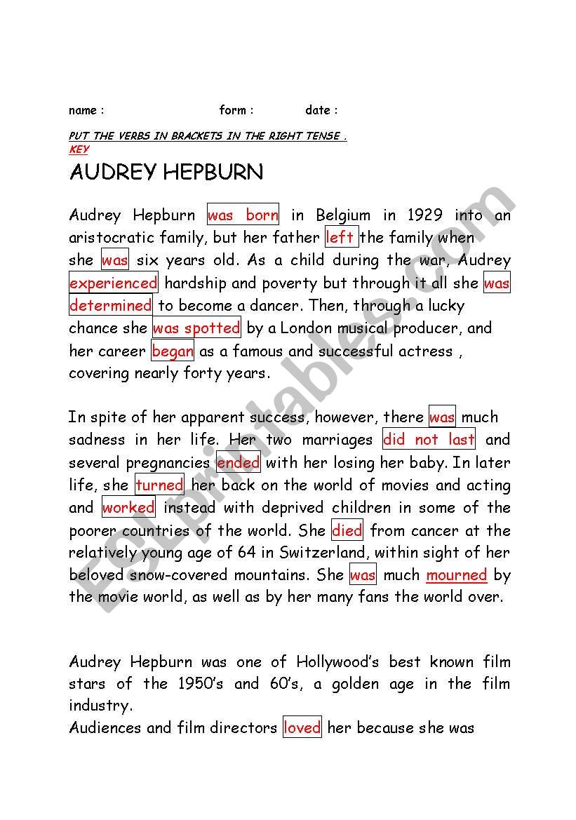 Key for teacher  AUDREY HEPBURN worksheet 