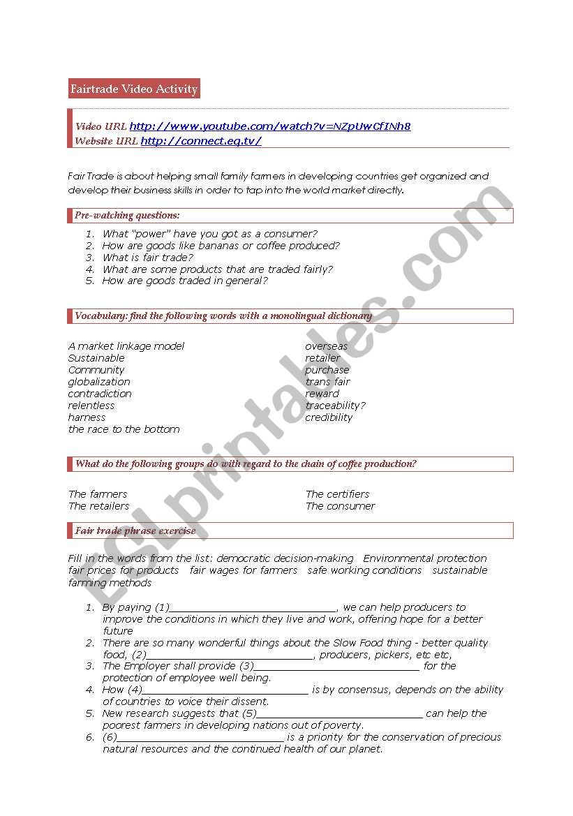 Fair trade Video activity worksheet