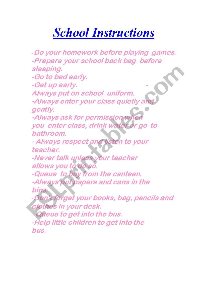 school instructions worksheet