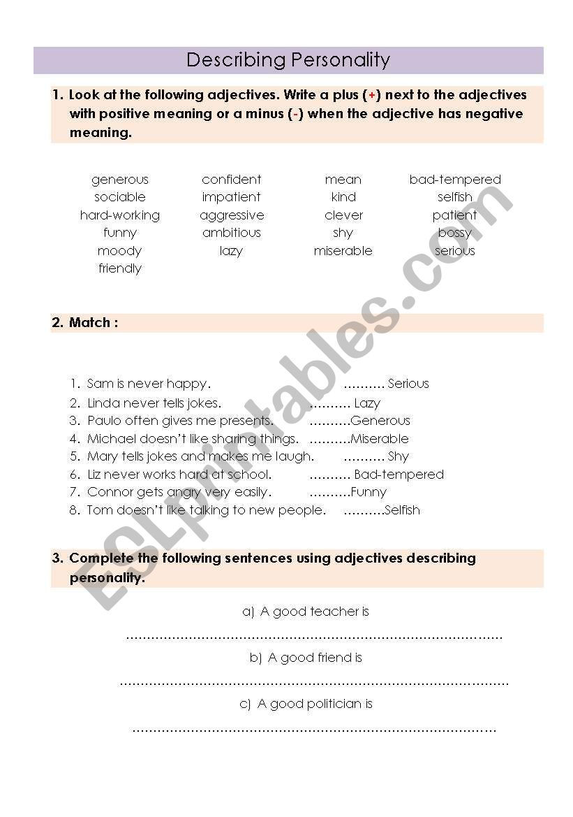 Describing Personality worksheet