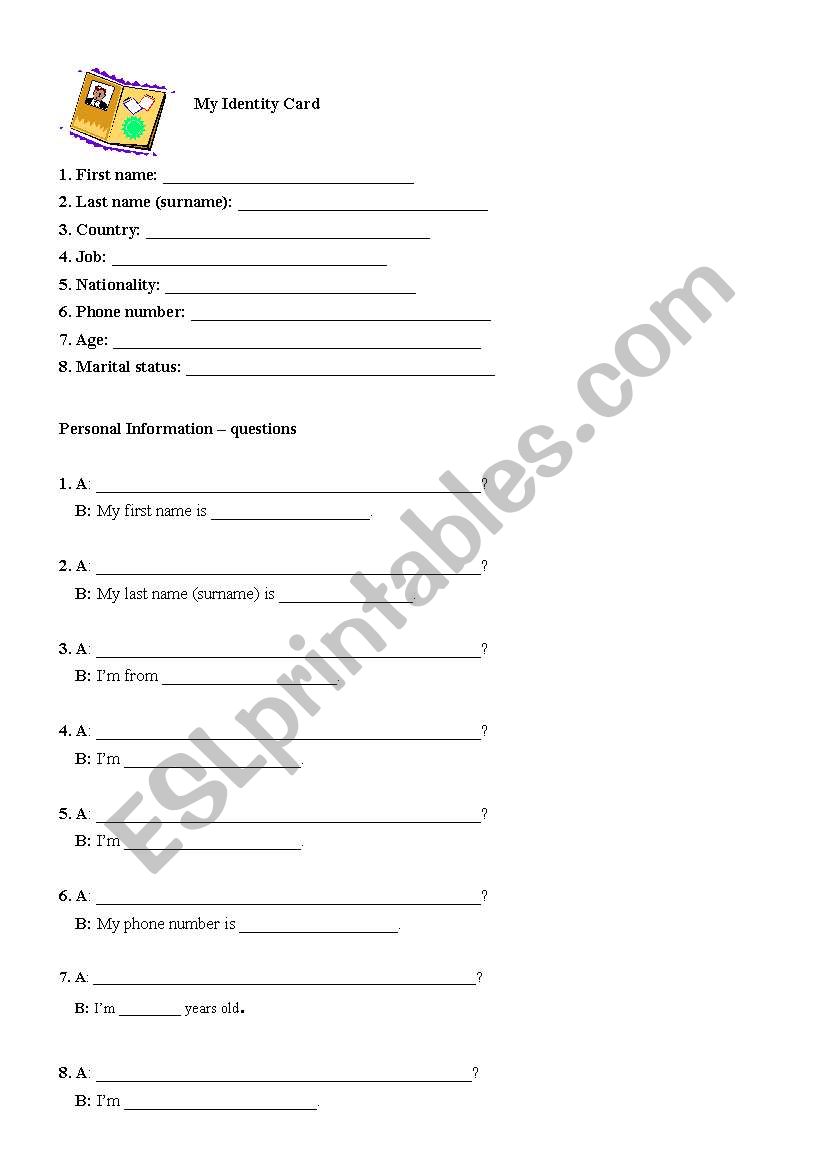 Identity Card worksheet