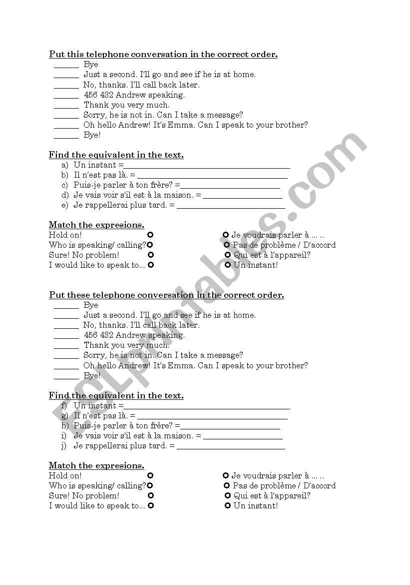 Phone conversation worksheet