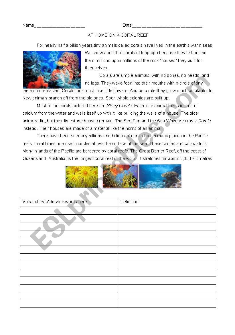 All About Coral Reefs worksheet