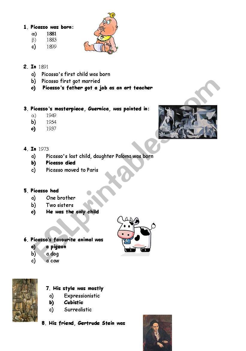 Quiz about Pablo Picasso worksheet