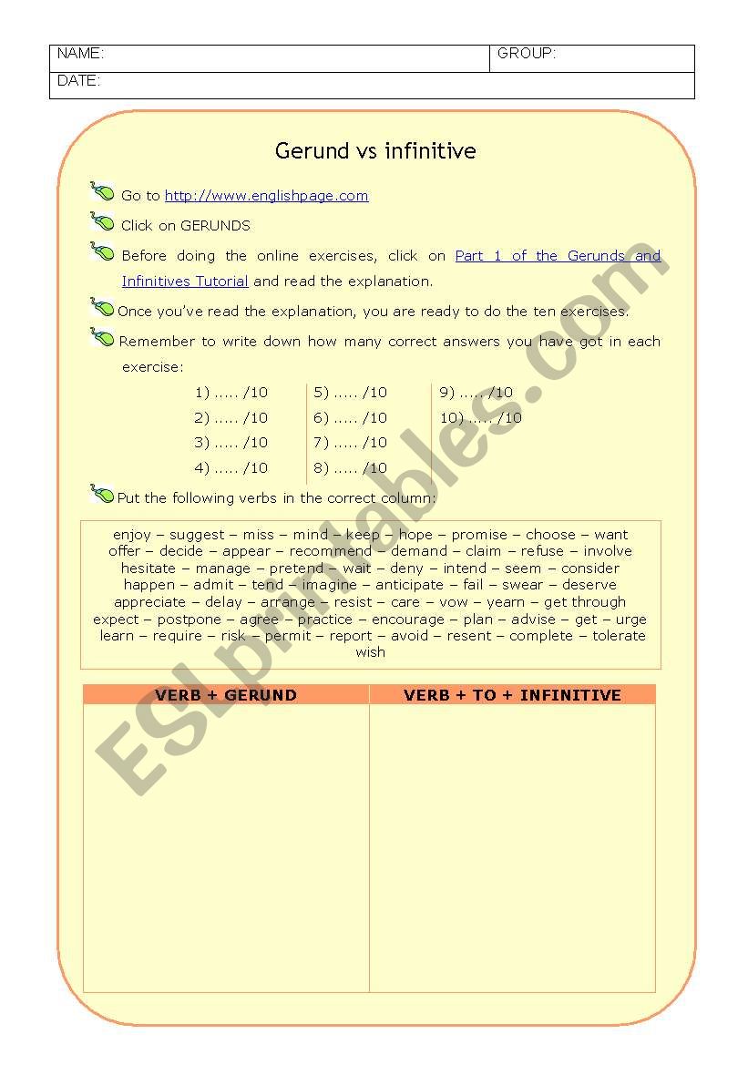 Gerunds and Infinitives worksheet