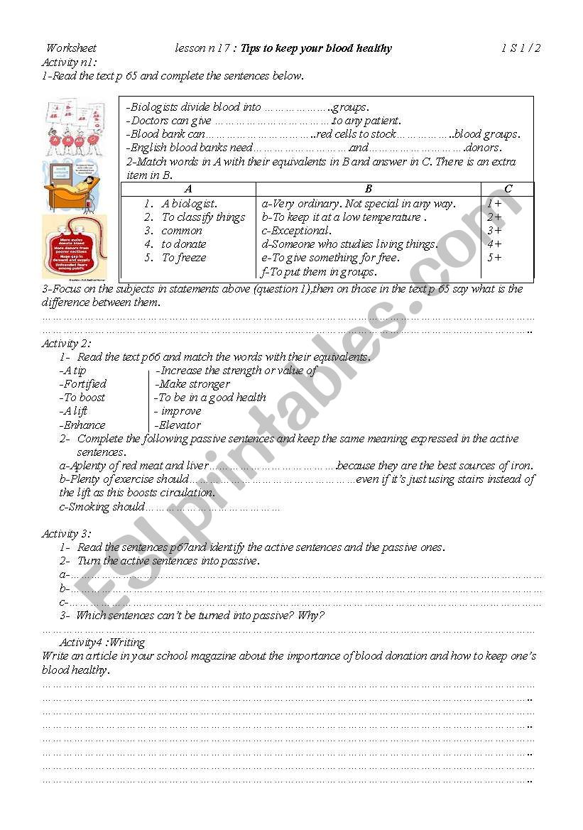 blood donation worksheet