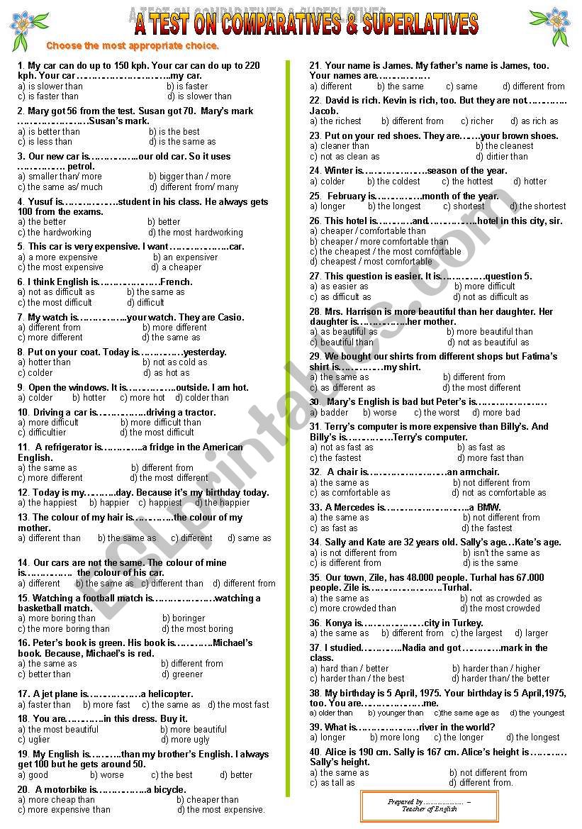 A TEST ON COMPARATIVES & SUPERLATIVES