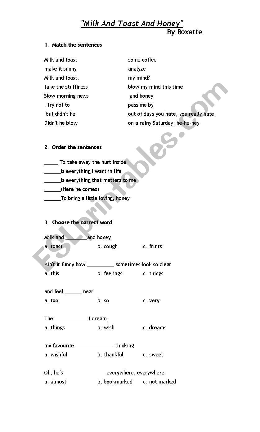 milk and toast and honey worksheet