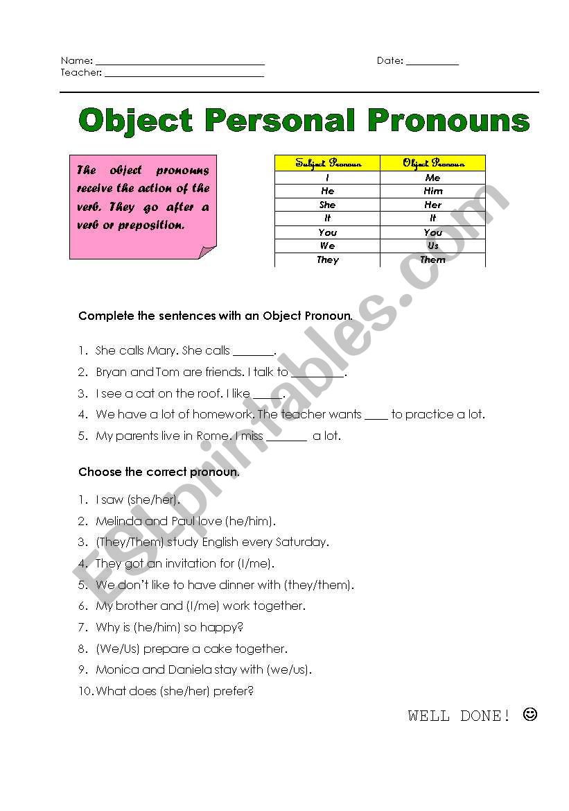 Object Personal Pronouns worksheet