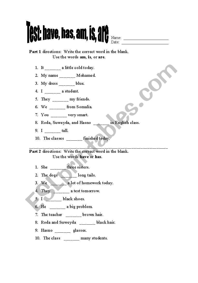 TEST: have, has, am, is, are worksheet
