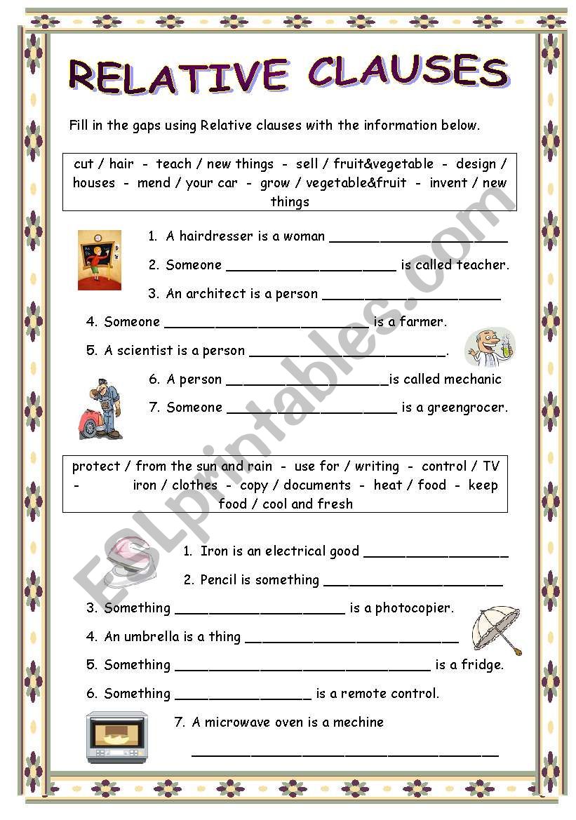 relative cluases worksheet