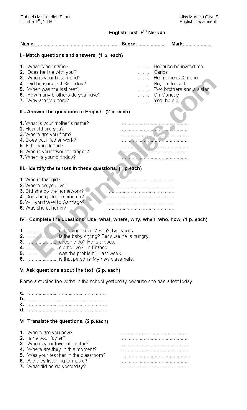 questions worksheet