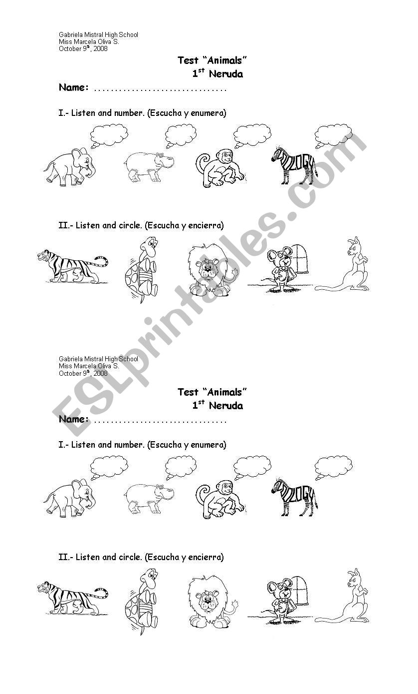 animals test worksheet