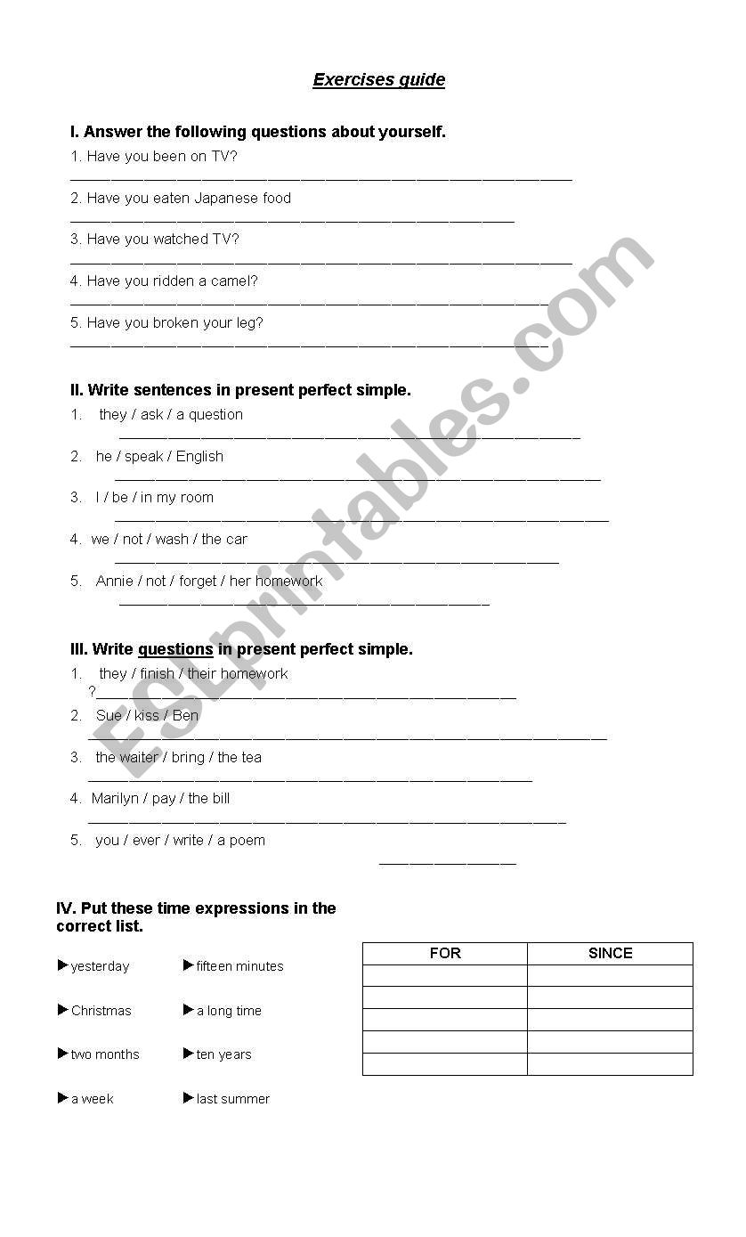 Present perfect guide worksheet