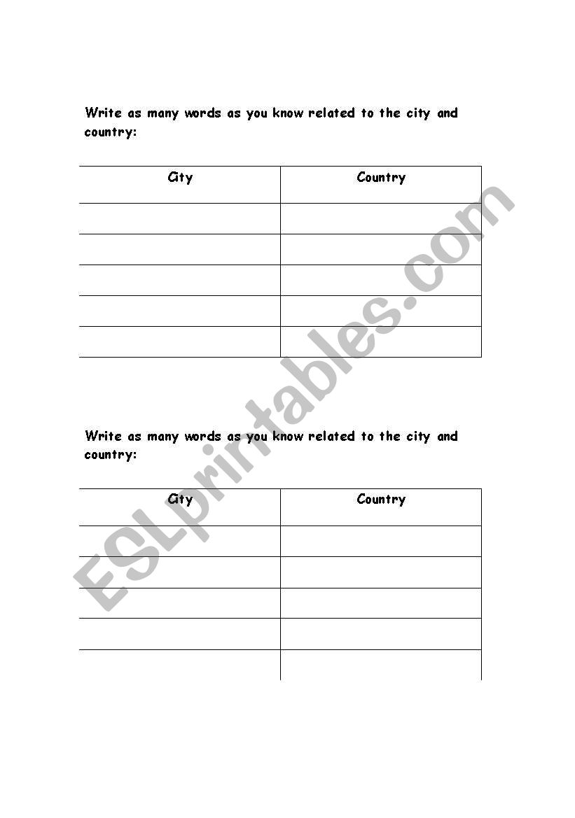 city and country worksheet