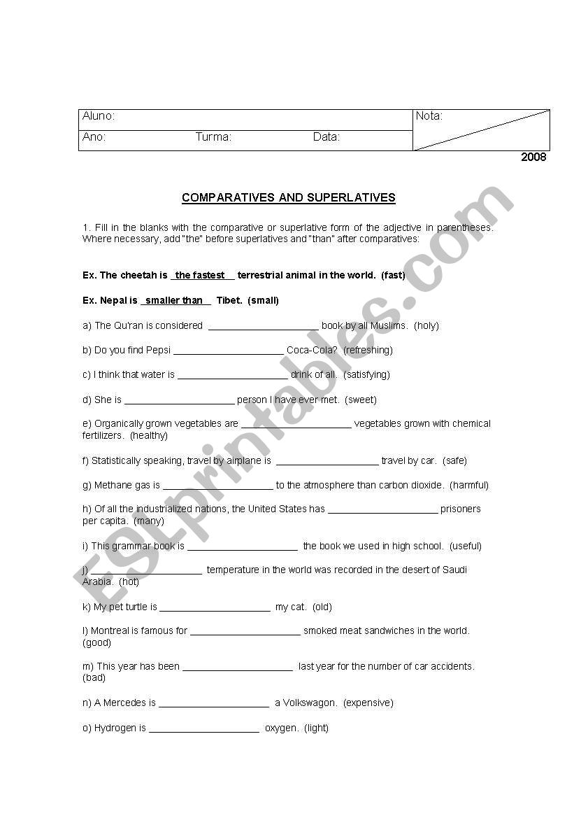 Comparatives and Superlatives worksheet