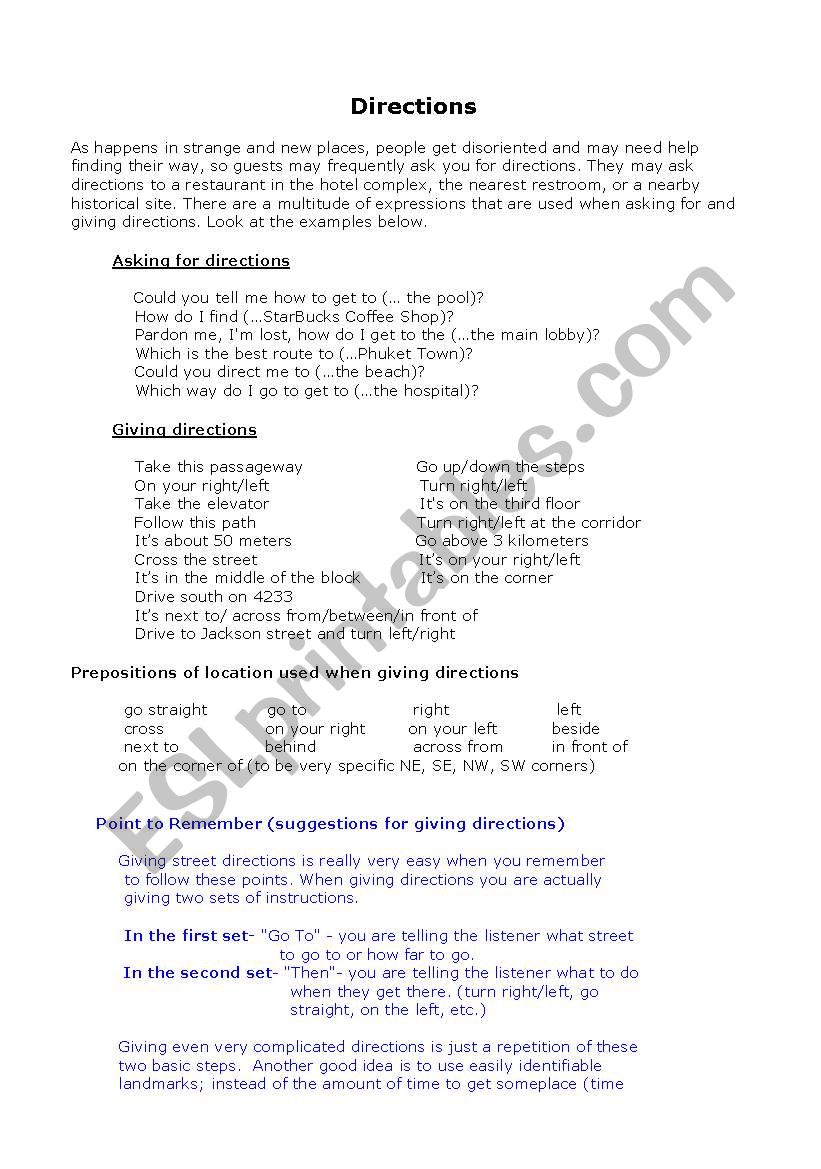 Giving directions worksheet