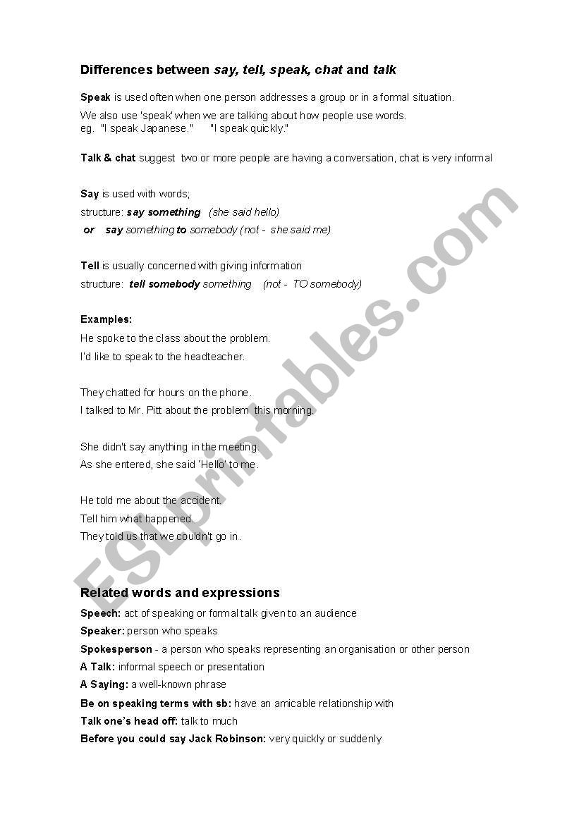 say, tell, speak, chat, talk worksheet