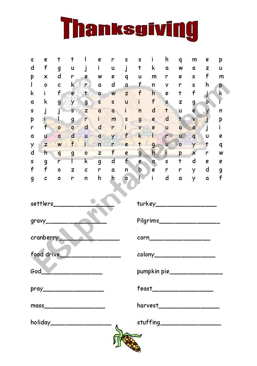 thanksgiving, wordsearch worksheet