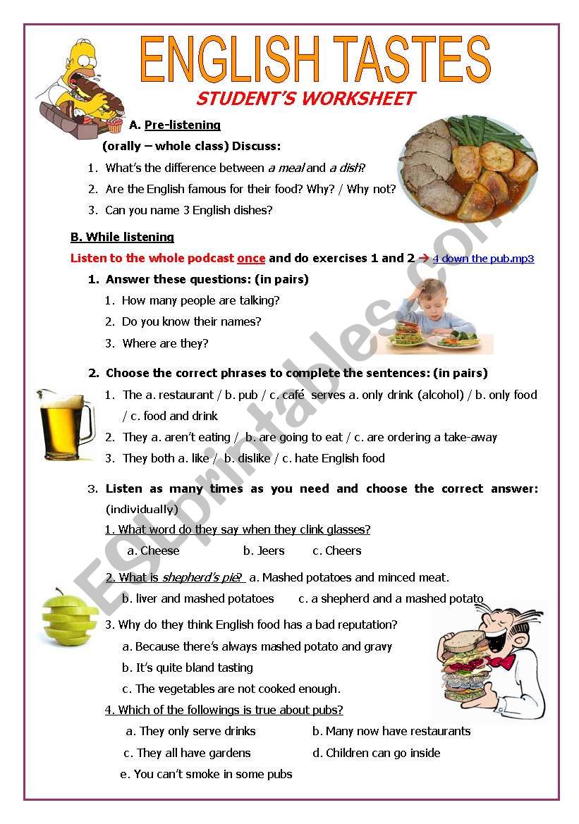 English Tastes worksheet