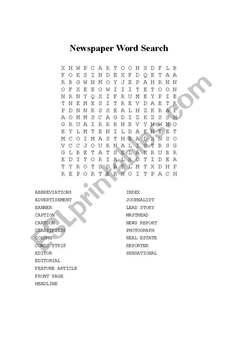 Newspaper wordsearch worksheet