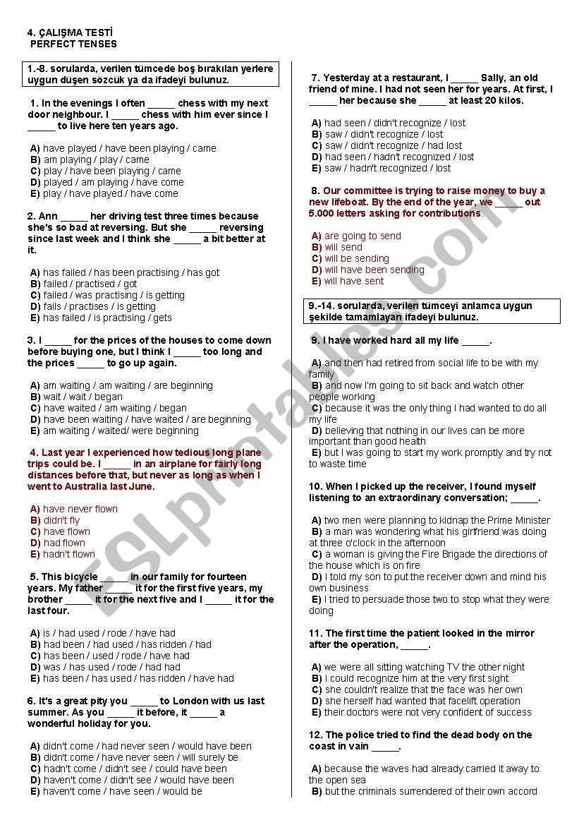 perfect tenses worksheet