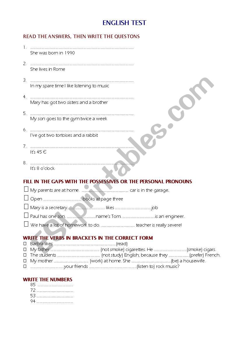 Test - basic English worksheet