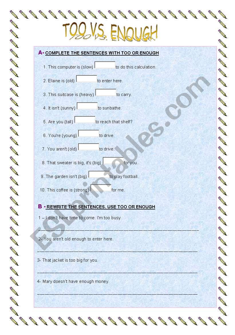 TOO VS. ENOUGH worksheet