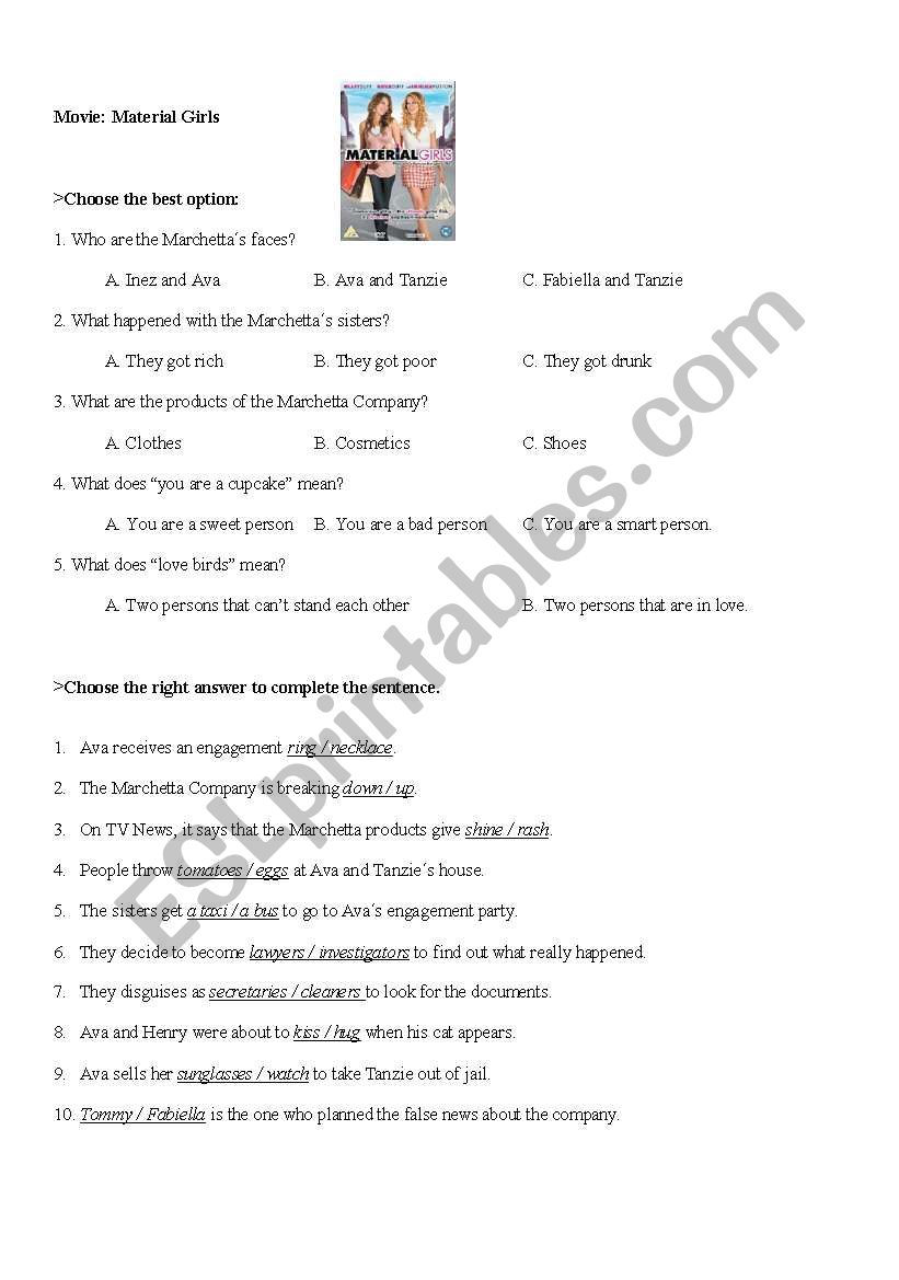 Movie: Material Girls worksheet