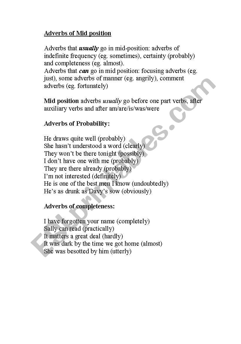 Adverbs of Mid Position worksheet