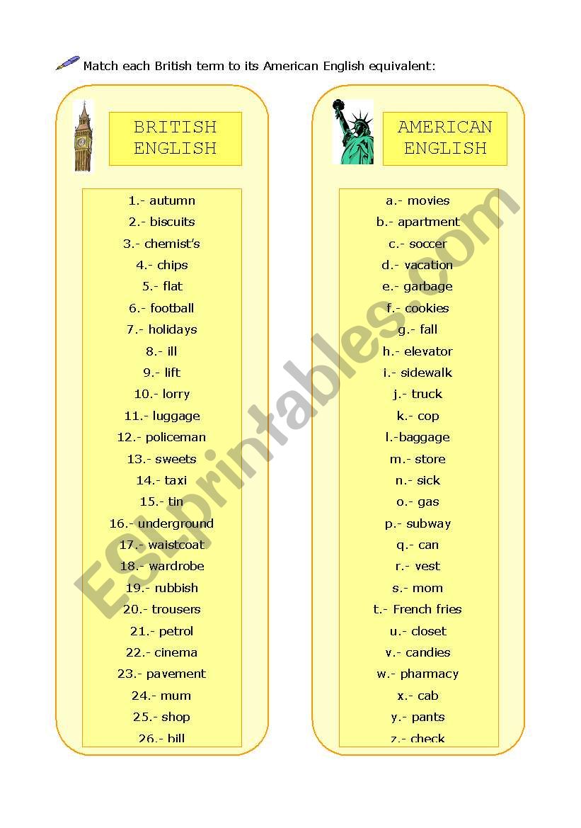 British American English 1 worksheet