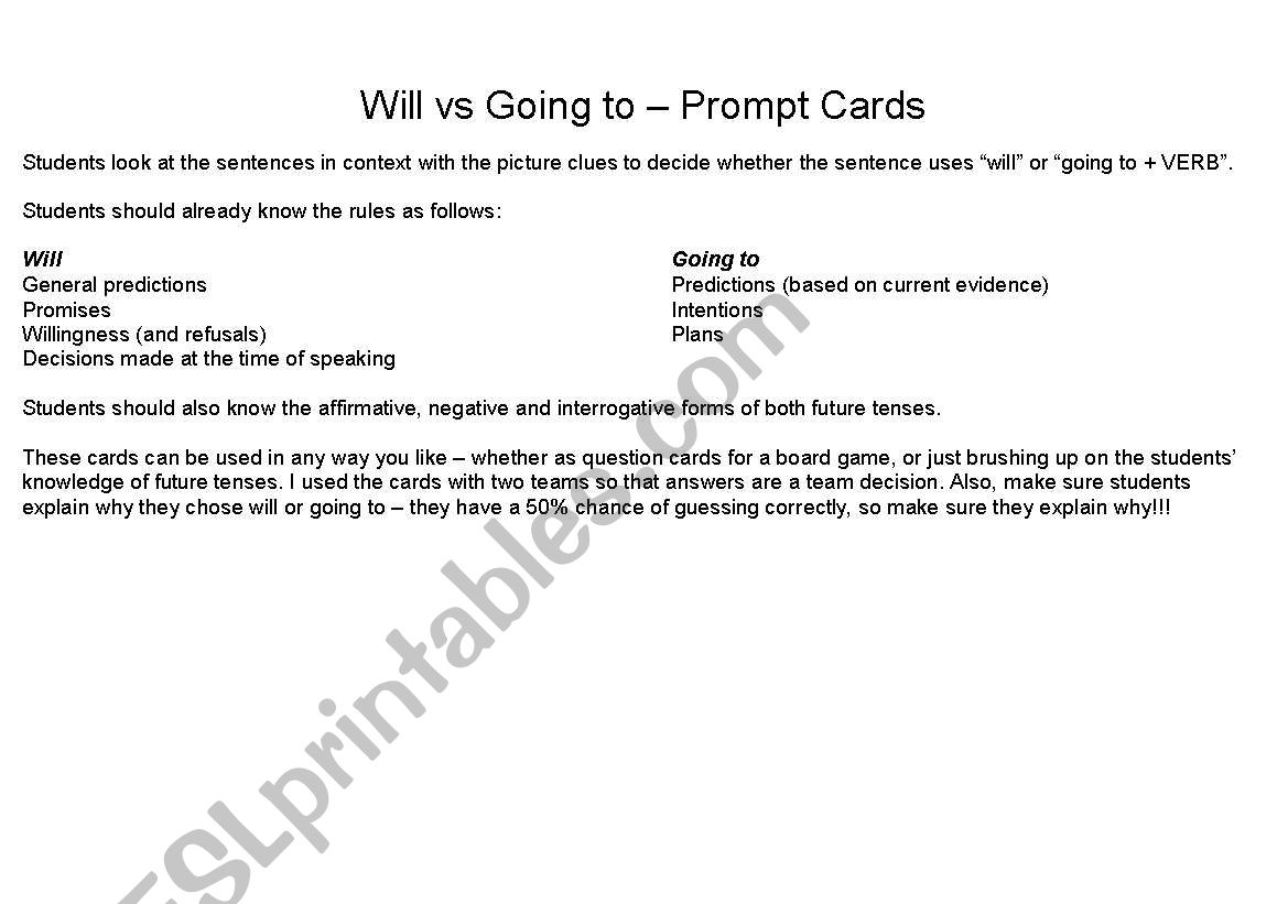 Will vs Going To - Prompt Cards with Pictures (Pt. I)